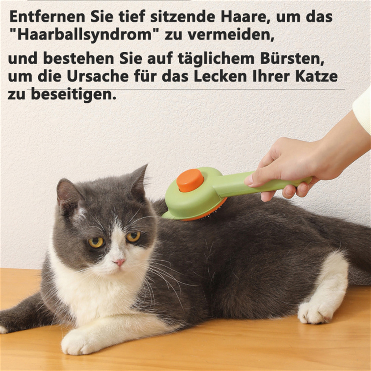 Eine Hand pflegt eine grau-weiße Katze mit einer grün-orangen Pflegebürste auf einer Holzoberfläche.