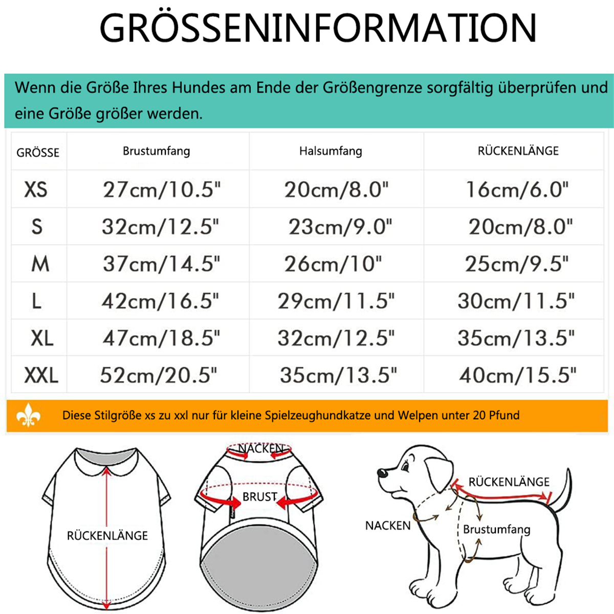 Tabelle mit Hundegrößen in cm und Zoll. Hundeillustration unten.