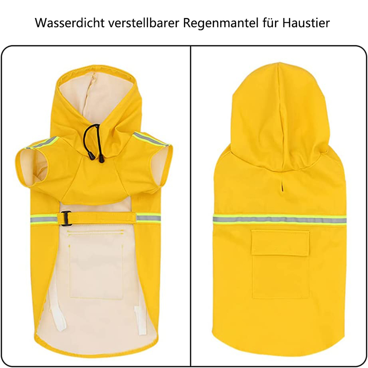 Gelber Hunderegenmantel, Vorder- und Rückansicht, mit Kapuze, zwei reflektierenden Streifen, und Tasche.