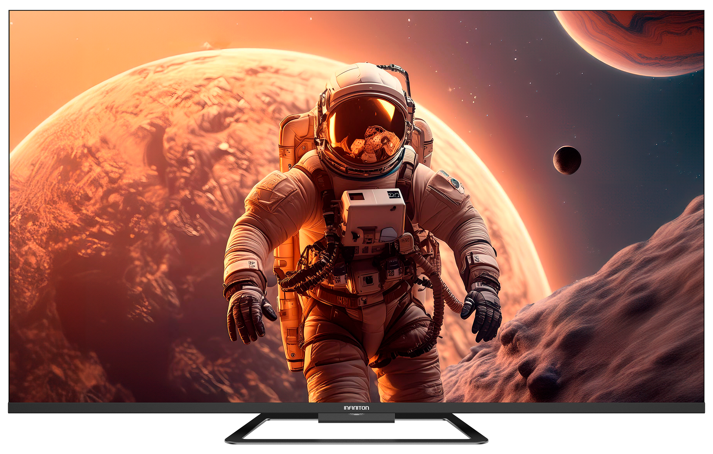 Un televisor que muestra un astronauta en un planeta similar a Marte con un cielo rojo-naranja y planetas.