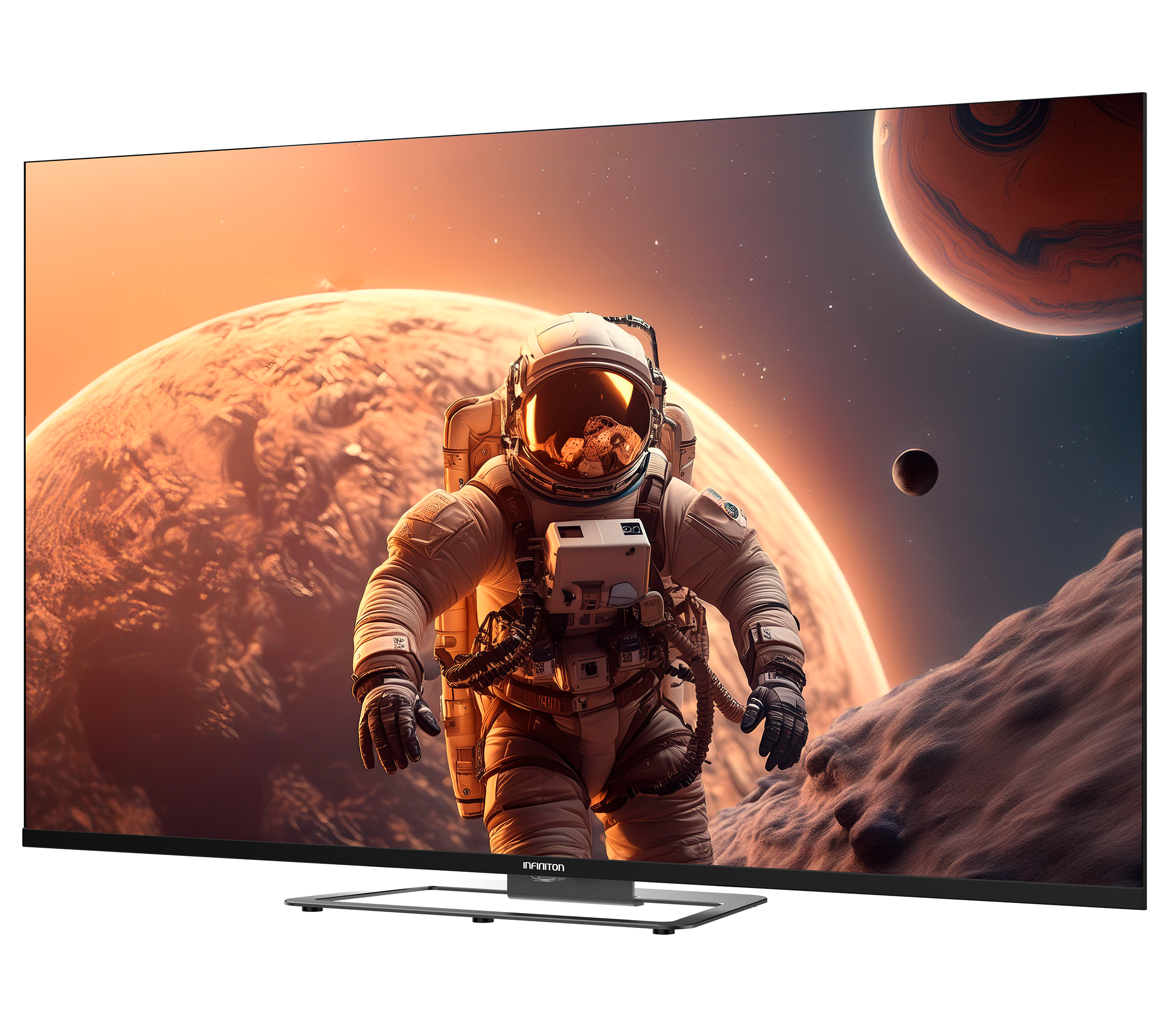TV mostrando astronauta en planeta, dos lunas, marco negro.