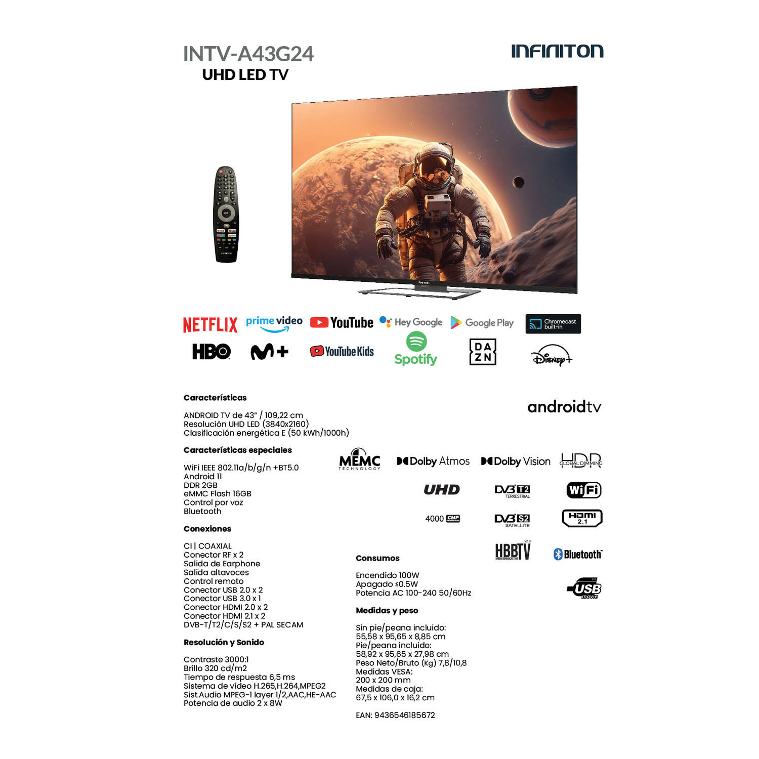 Pantalla de TV con un astronauta en el espacio y varios logotipos.