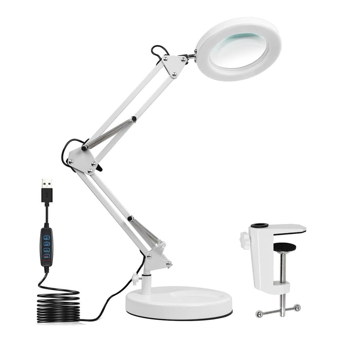 Eine weiße Lupenlampe mit verstellbarem Arm und Fuß. Enthält auch eine Klemme zur Befestigung und ein USB-Kabel.