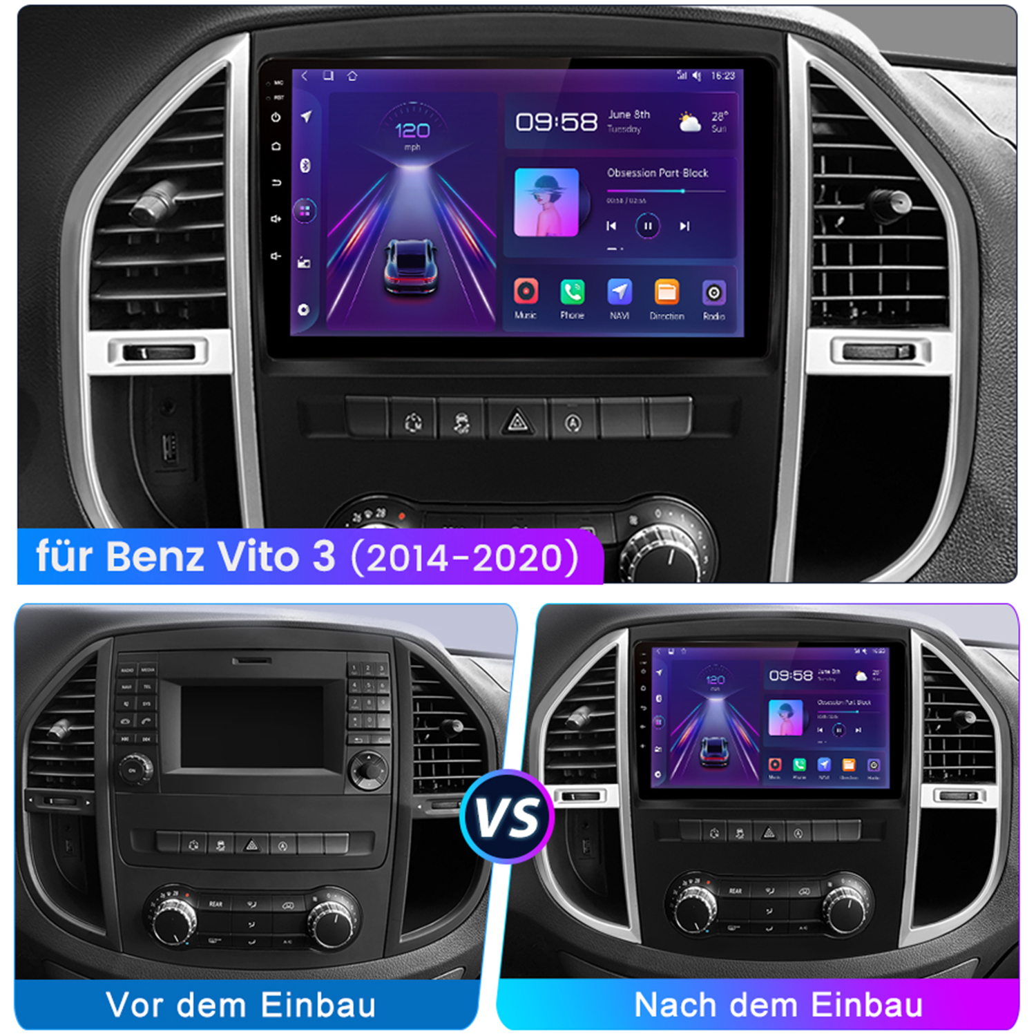 Auto-Armaturenbrett mit Bildschirm, der Musik und Navigation zeigt.