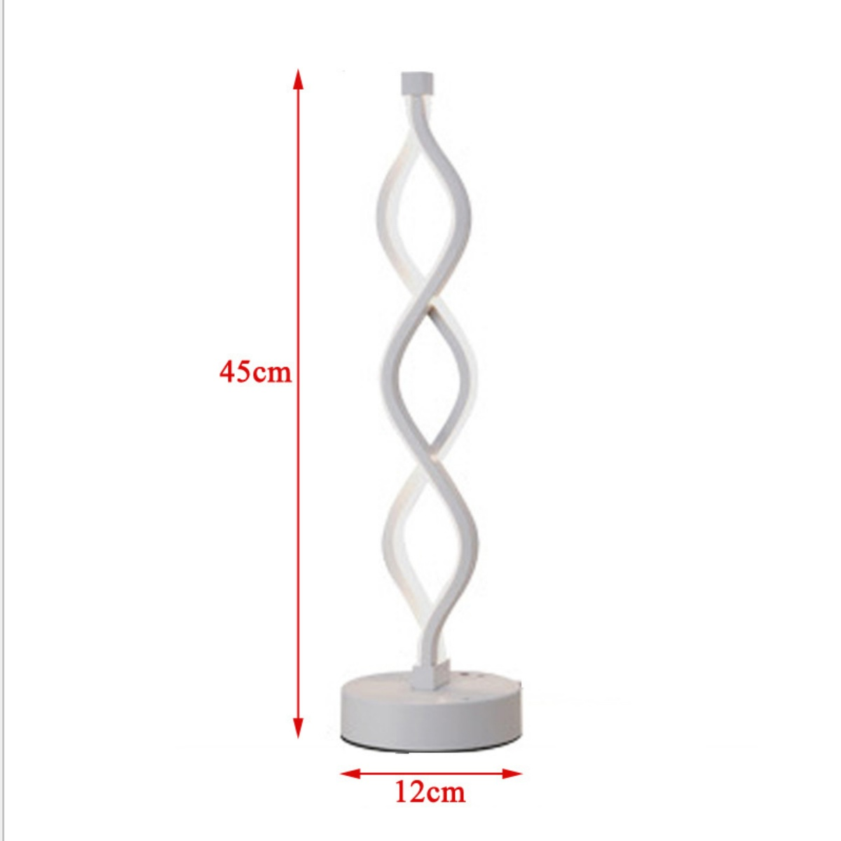 Weiße, abstrakte Lampe mit gewundenem Design auf weißer Oberfläche. Maße: 45 cm Höhe, 12 cm Basisbreite.