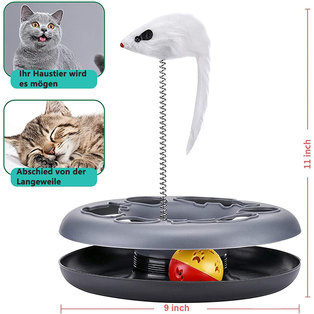 Katzenspielzeug mit einer Spielzeugmaus an einer Feder. Das Spielzeug liegt auf einer Basis mit einem Ball im Inneren.