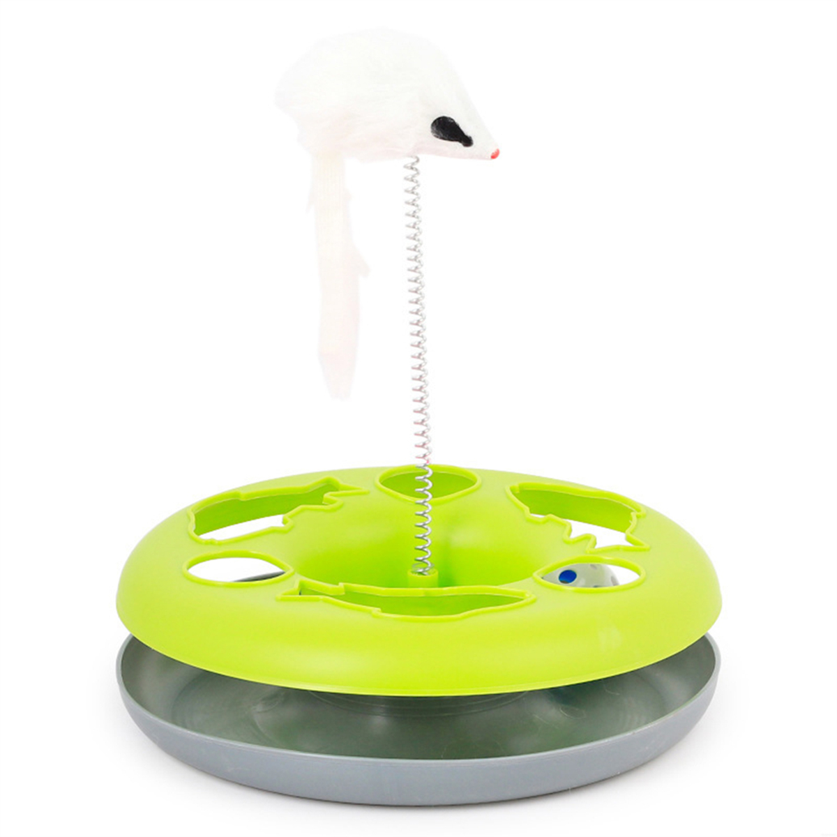 Ein Katzenspielzeug mit grünem Boden, Löchern und einer Feder mit einer weißen Maus oben.