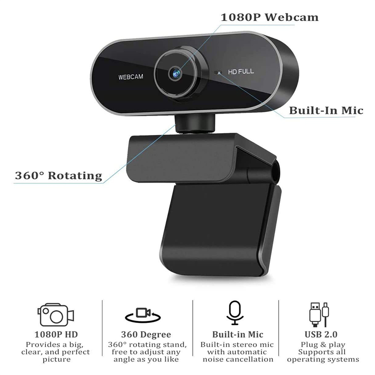 Eine schwarze Webcam mit eingebautem Mikrofon, 1080p HD und einem um 360 Grad drehbaren Ständer.
