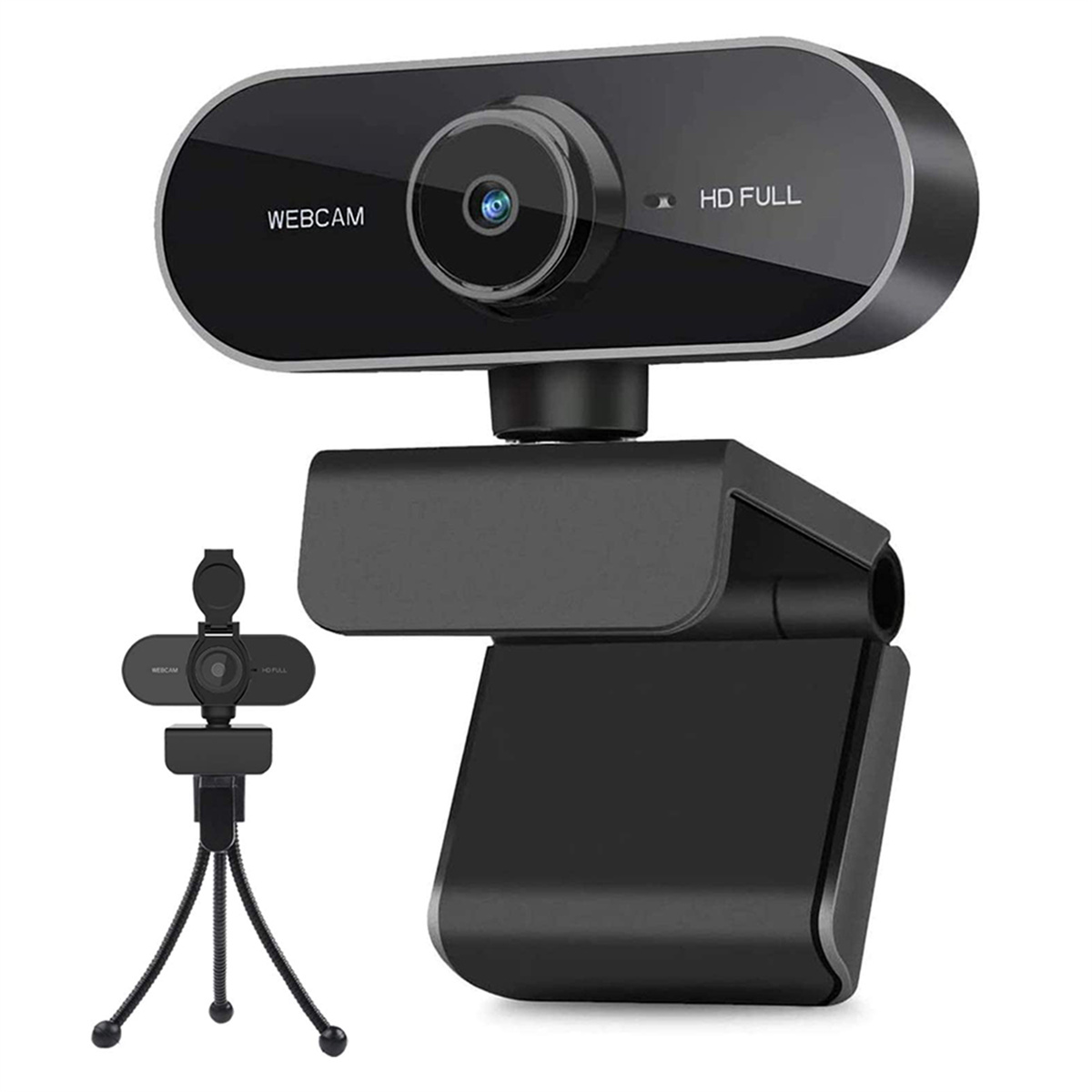 Eine schwarze Webcam mit Ständer. Eine andere Webcam befindet sich auf dem Ständer. Text auf der Webcam: WEBCAM, HD FULL.