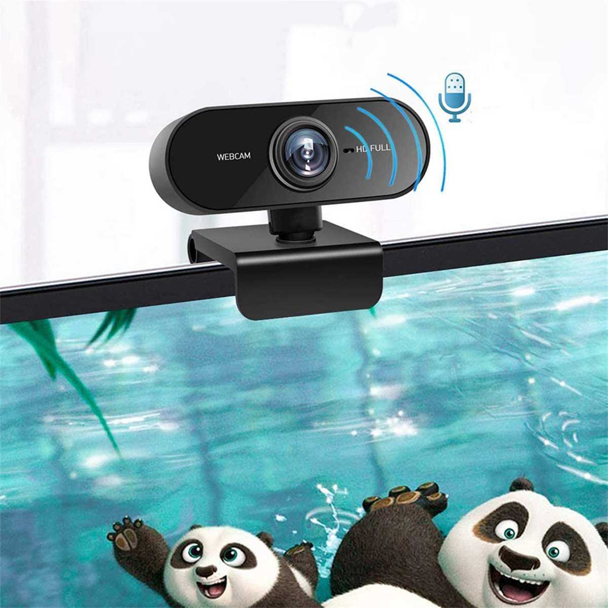 Webcam auf Monitor mit Panda-Cartoon-Hintergrund. Blaues Mikrofonsymbol.