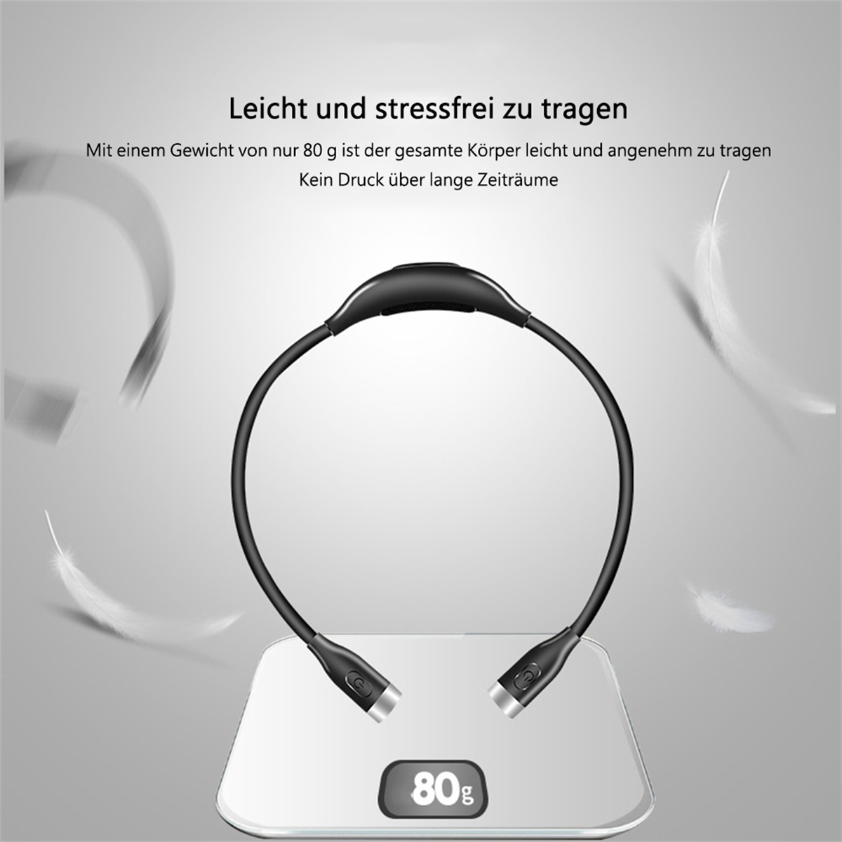 Eine schwarze Nacken-Leselampe auf einer Waage, mit Text über ihr geringes Gewicht und stressfreie Nutzung.