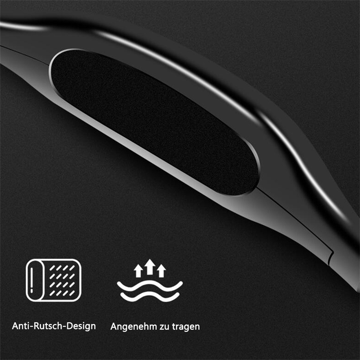 Nahaufnahme eines schwarzen Objekts mit Anti-Rutsch-Design und den Worten 'Anti-Rutsch-Design' und 'Angenehm zu tragen'.