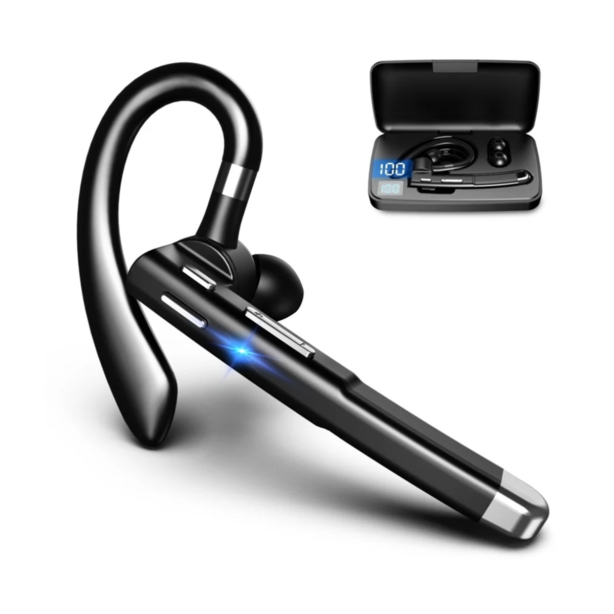 Ein schwarzes Bluetooth-Headset und Ladecase, mit blauem Licht.