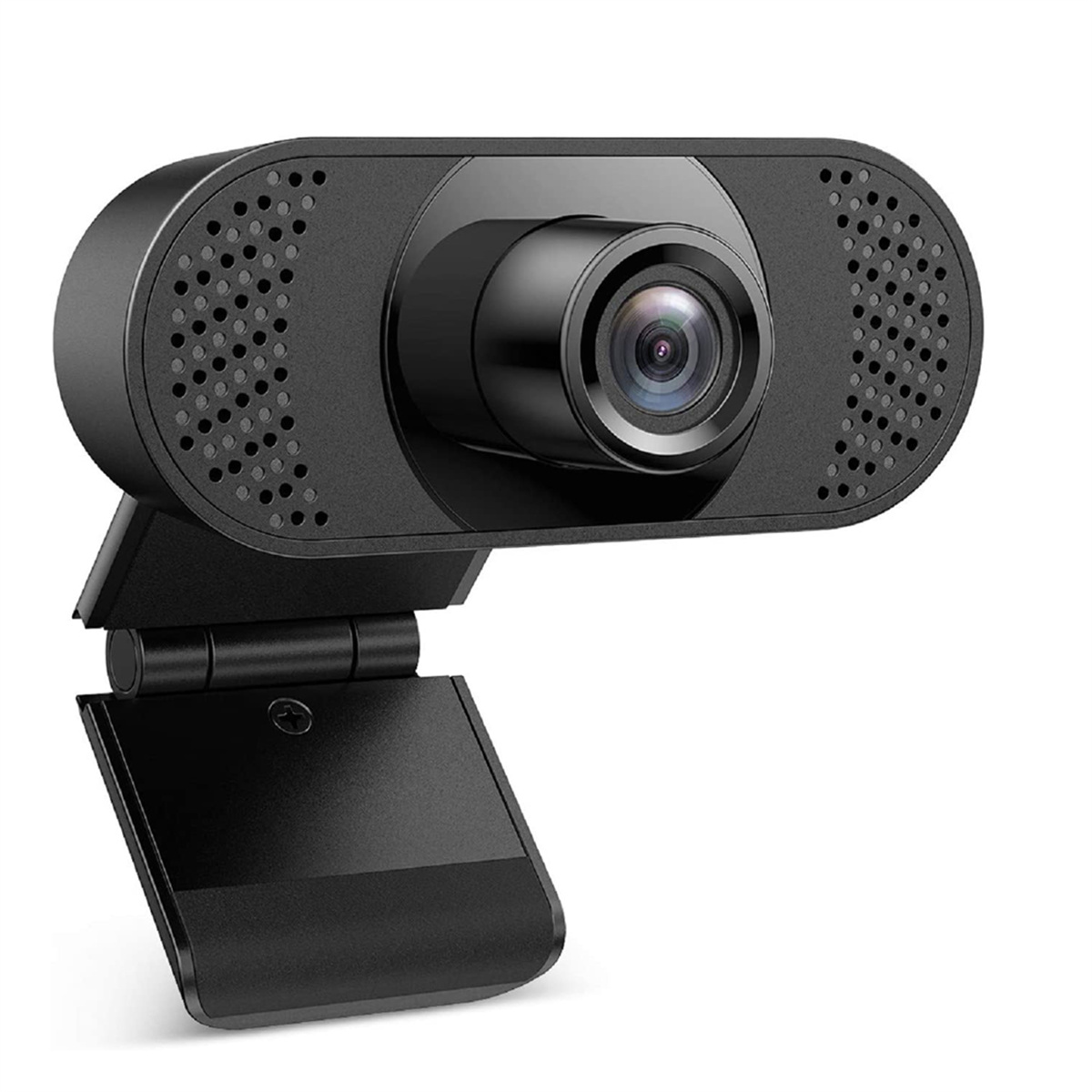 Schwarze Webcam mit zentriertem Objektiv, Mikrofon und verstellbarem Ständer, auf weißer Oberfläche dargestellt.