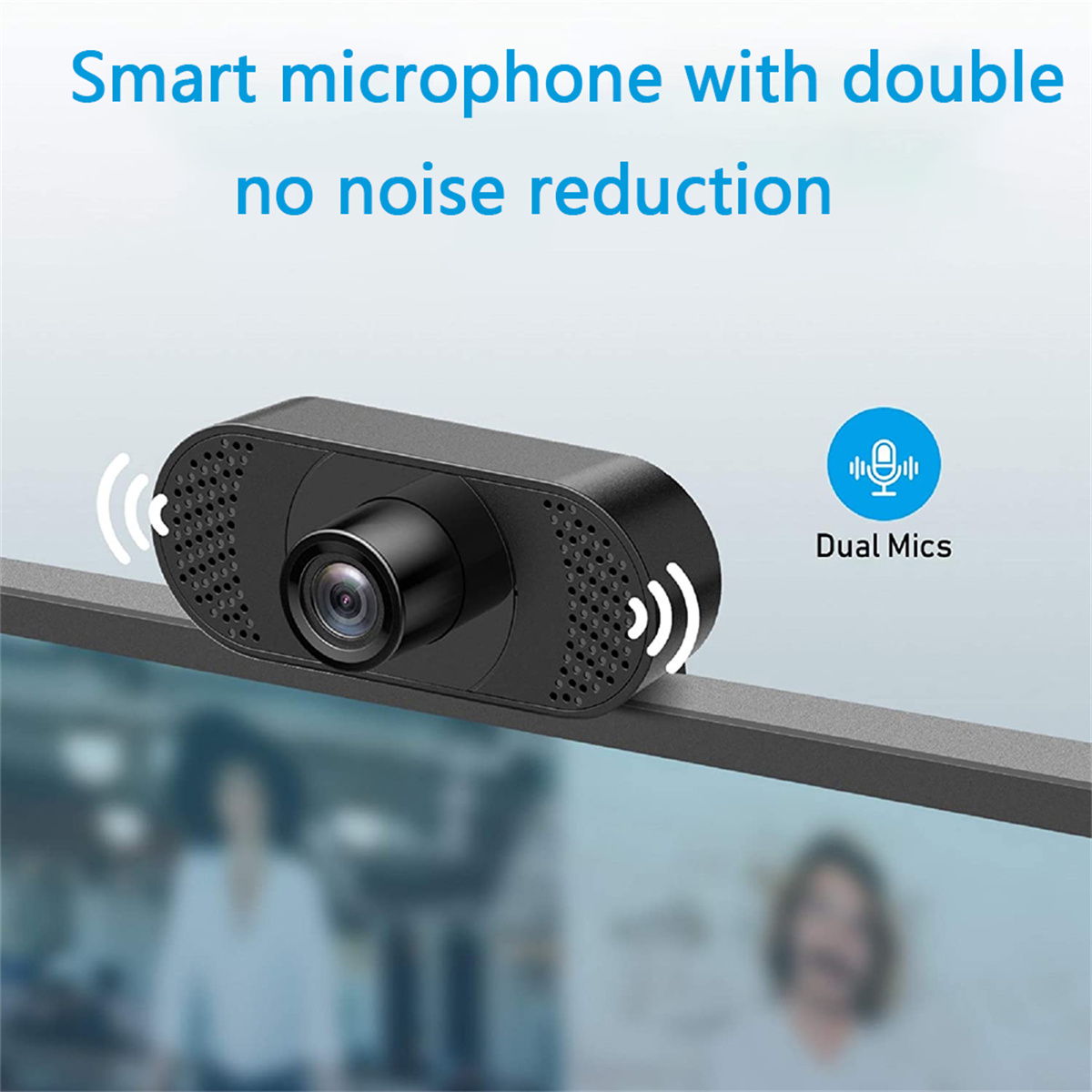 Schwarze Webcam mit Dual-Mikrofonen, an einem Monitor befestigt. Text: "Smart microphone".