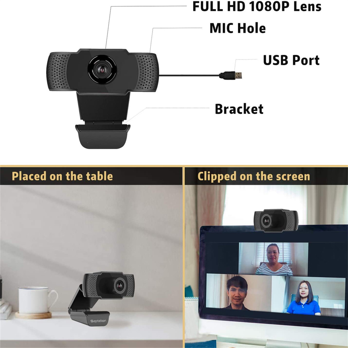 Webcam auf einem Tisch und an einem Bildschirm befestigt. Die Webcam ist schwarz, mit einem USB-Kabel.