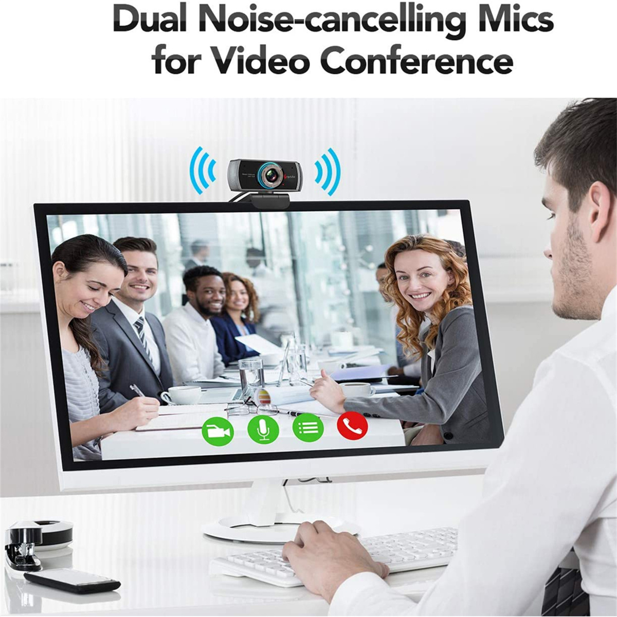 Personen in einer Videokonferenz, mit Webcam oben auf dem Monitor, weißer Hintergrund.