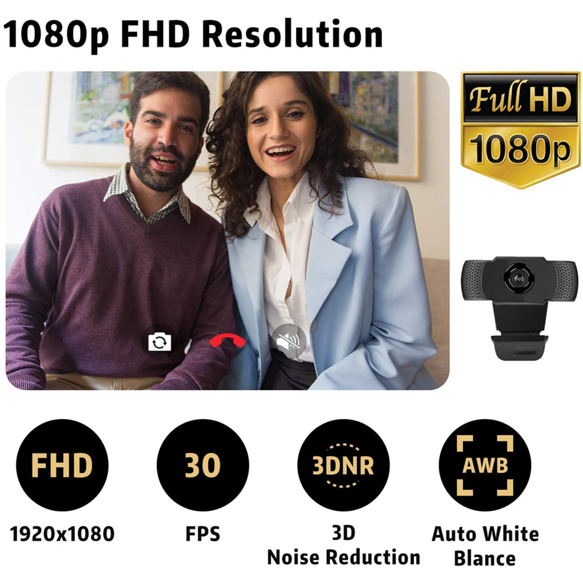 Zwei Personen in einem Videoanruf mit Webcam und Symbolen.
