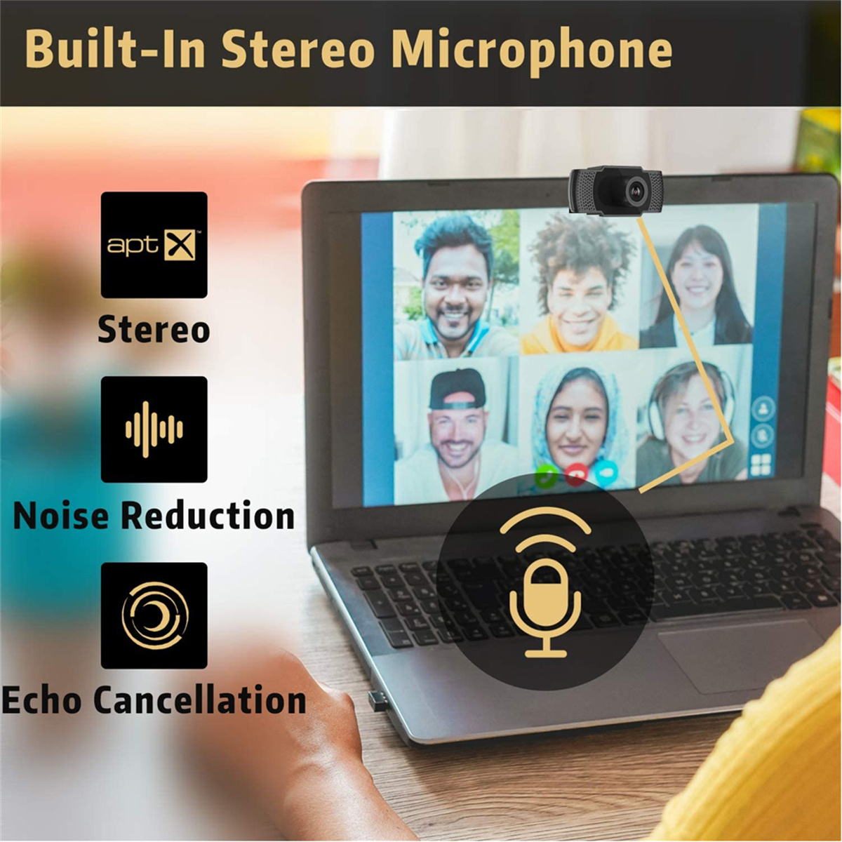 Laptop mit Webcam und Symbolen: aptX, Stereo, Rauschunterdrückung, Echokompensation.