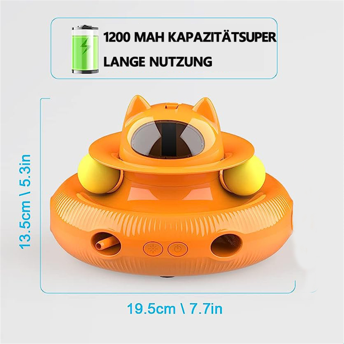 Orangenes Katzenspielzeug mit Bällen und Maßangaben.