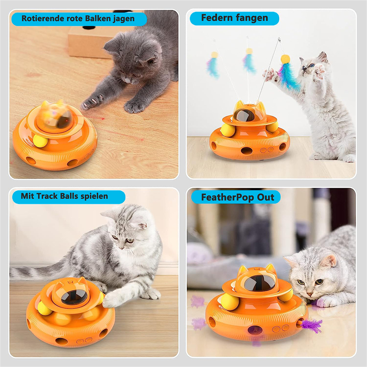Ein Katzenspielzeug mit beweglichen Teilen und eine Katze, die in verschiedenen Szenen damit spielt.