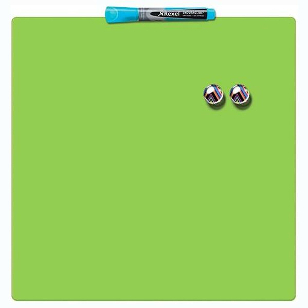 Eine grüne, magnetische Whiteboard mit blauem Marker und zwei Magneten.