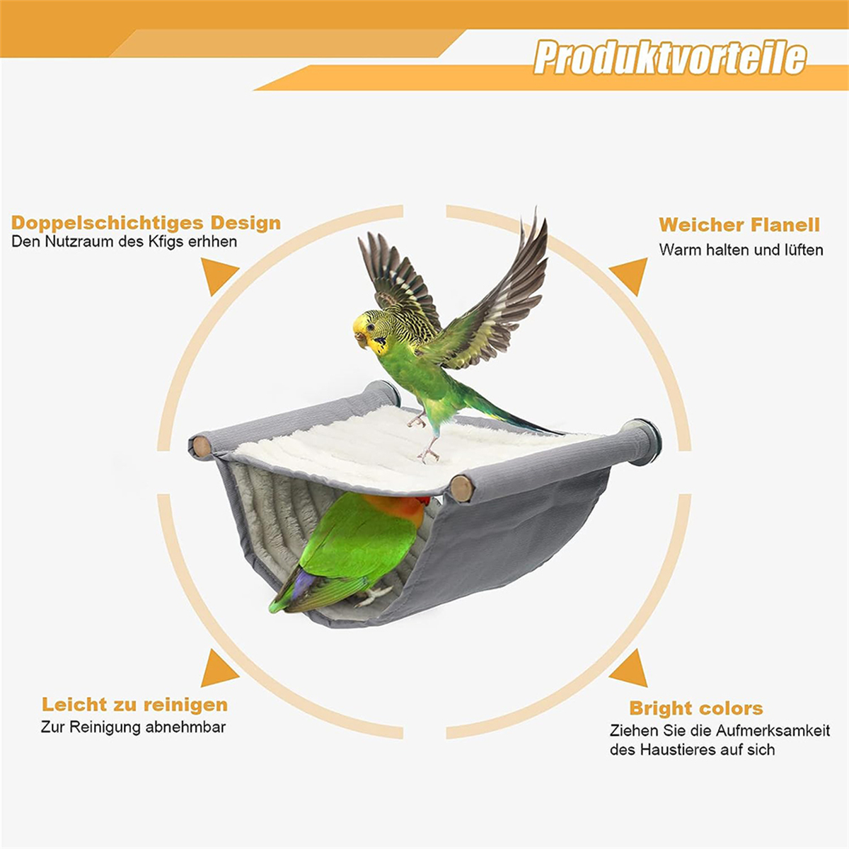 Eine Vogelstange mit zwei Papageien, Produktmerkmale in orange Kreisen.