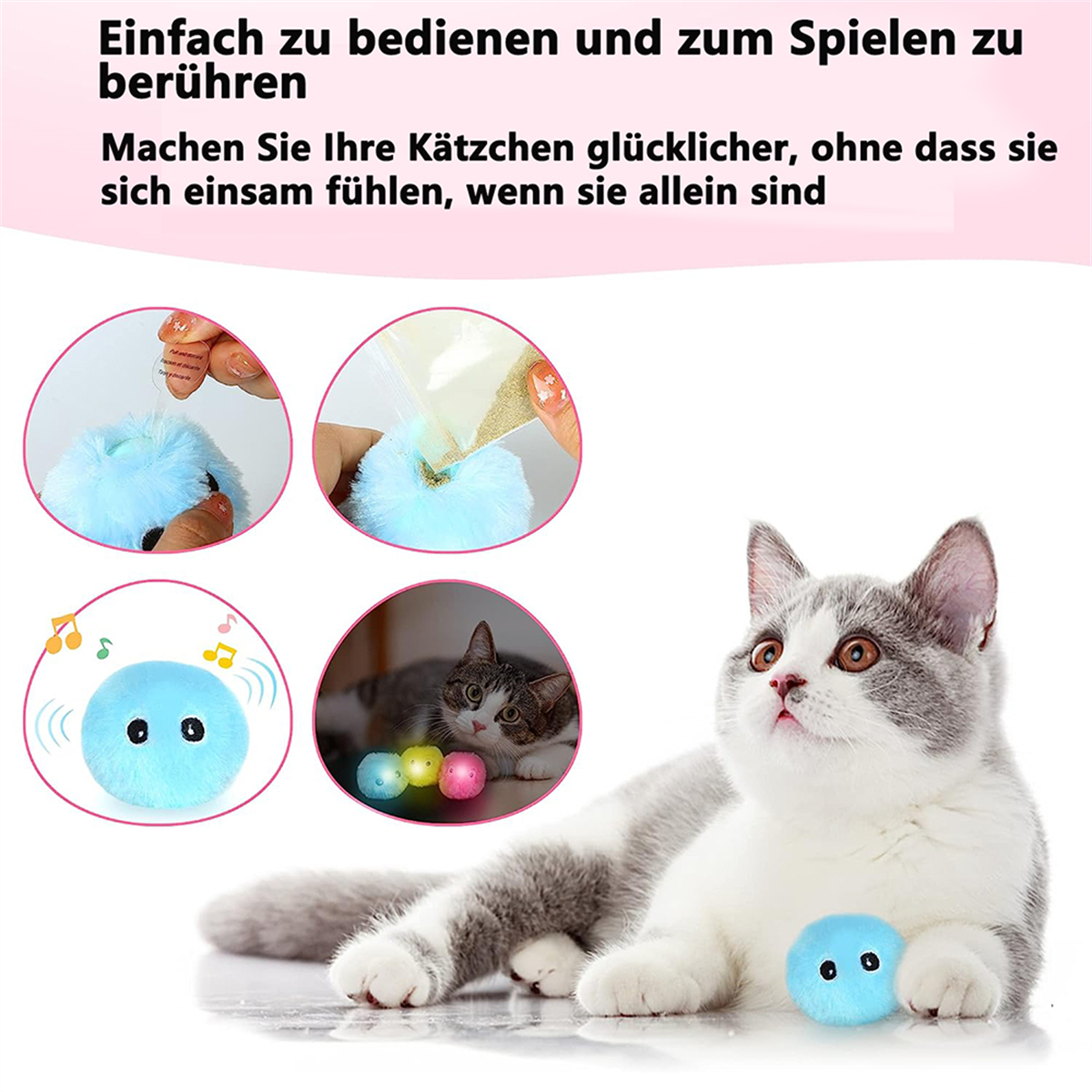 Eine Katze, die auf einen blauen Spielzeugball blickt. Bilder zeigen die Verwendung. Kätzchen glücklich.