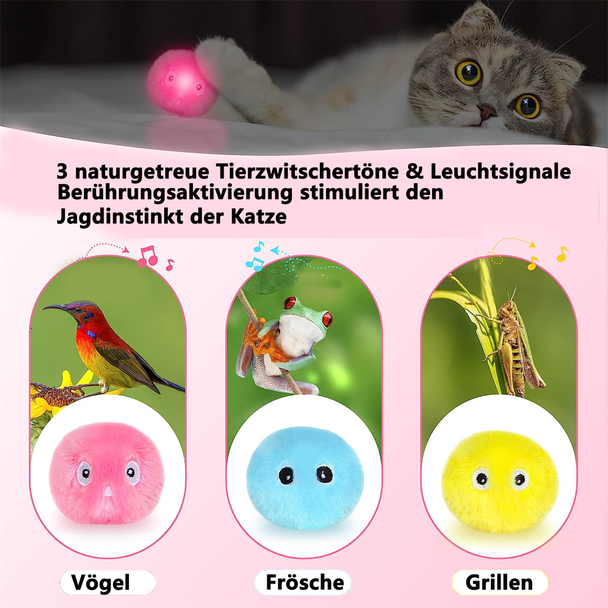 Katzenspielzeug mit Geräuschen und Lichtern sowie eine Katze im Hintergrund. Drei Spielzeugtiere.