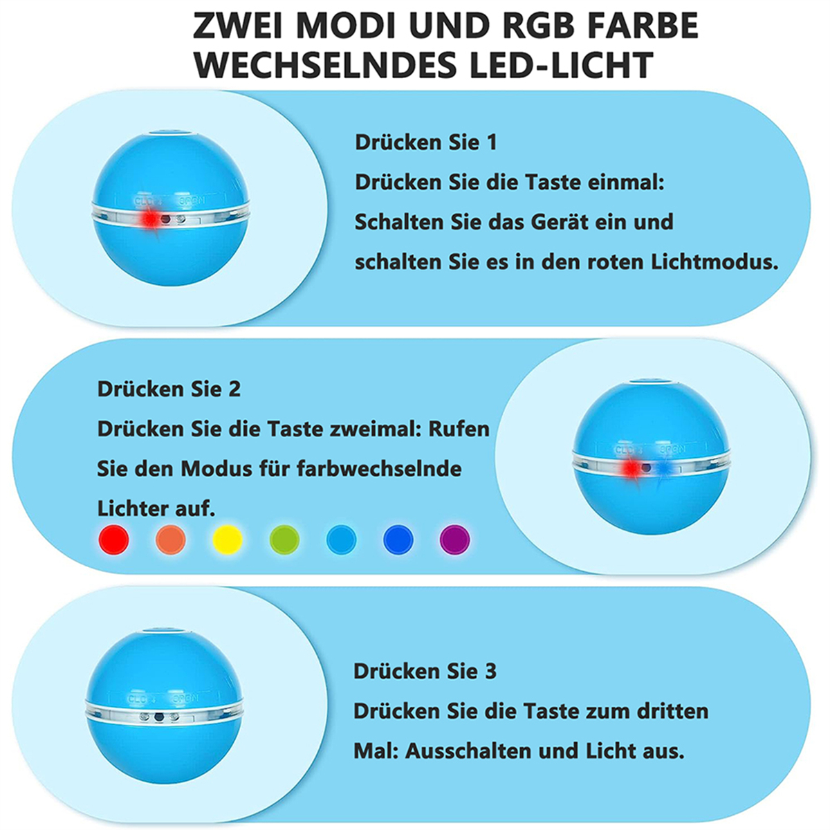 Blauer Globus mit Knöpfen und Text mit Lichtmodi und Funktionen. Anweisungen auf Deutsch.