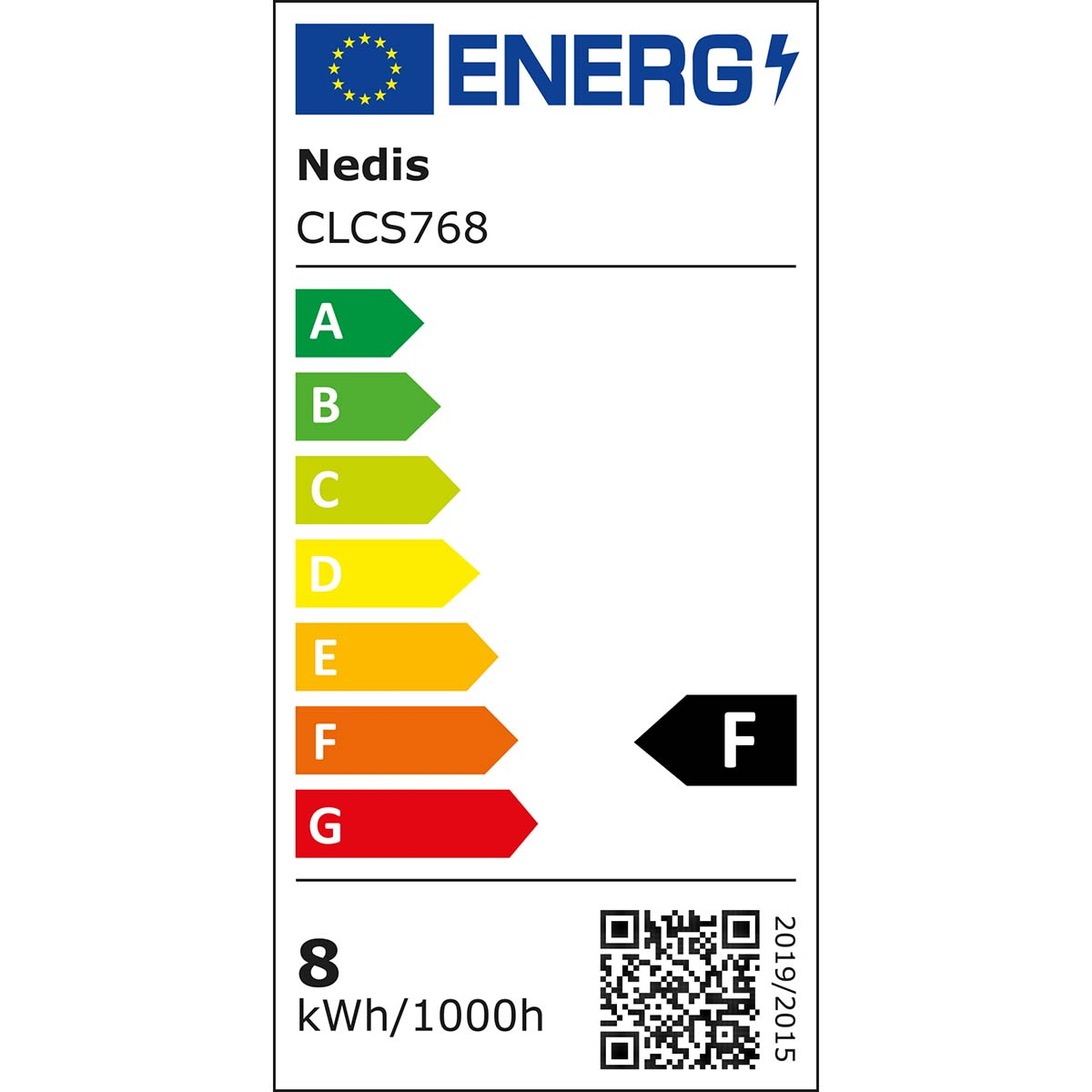 Energie-efficiëntielabel met beoordelingen van A tot G, waarbij de F-beoordeling wordt benadrukt.