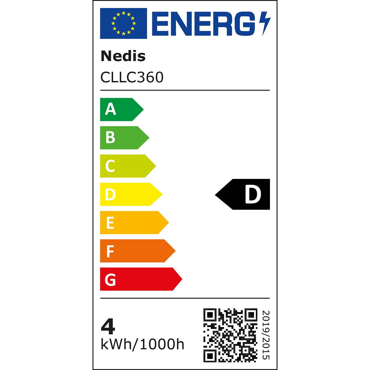 An energy efficiency label with ratings A to G and a QR code.
