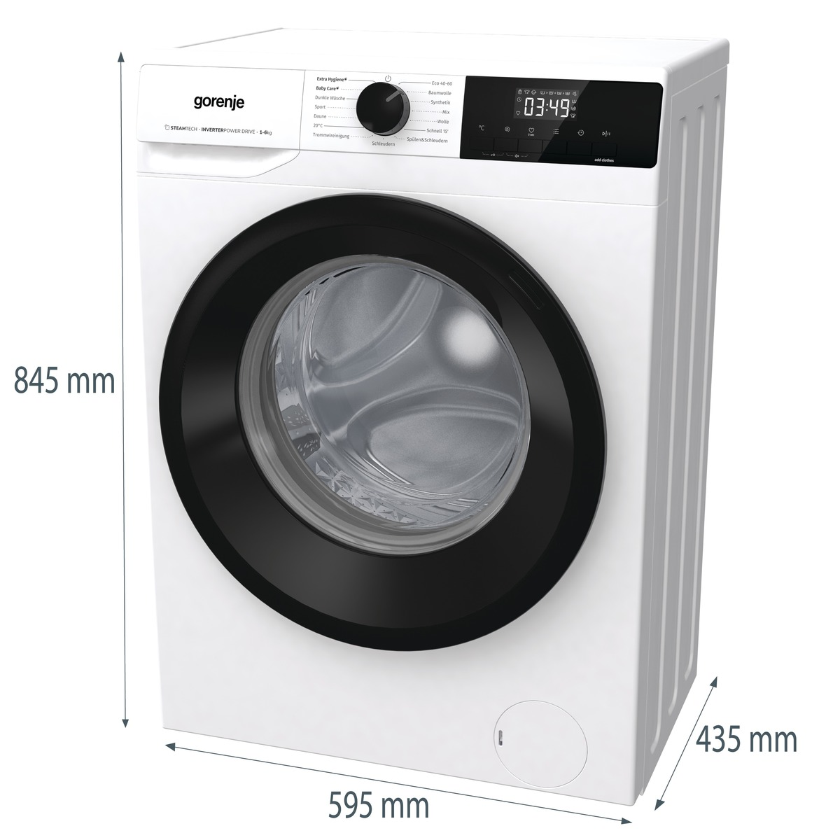 Weiße Waschmaschine mit schwarzer Tür. Abmessungen sind 845 mm, 595 mm und 435 mm. Marke Gorenje.