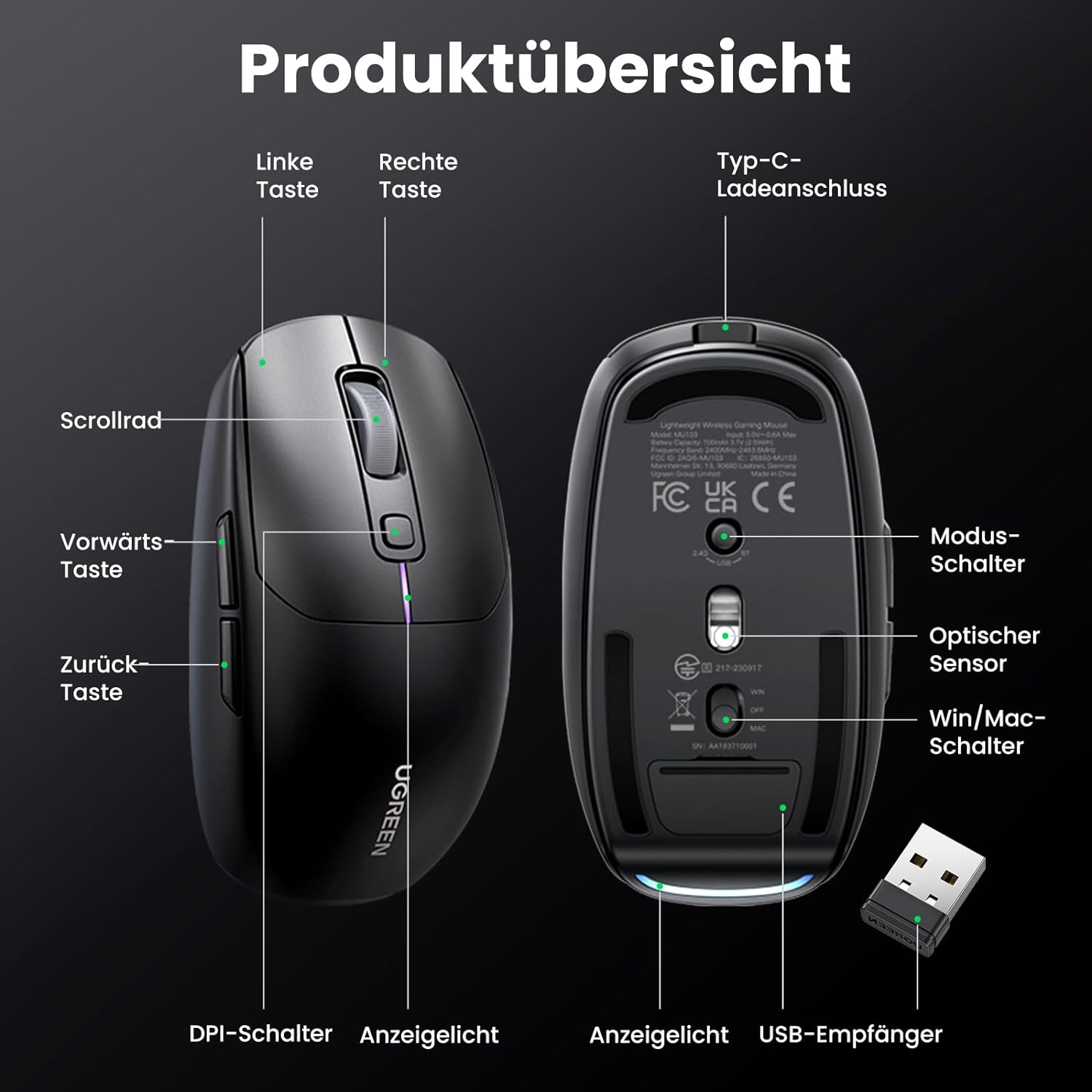 Schwarze kabellose Gaming-Maus mit Beschriftungen. Zeigt linke, rechte Tasten, Scrollrad und DPI-Taste.