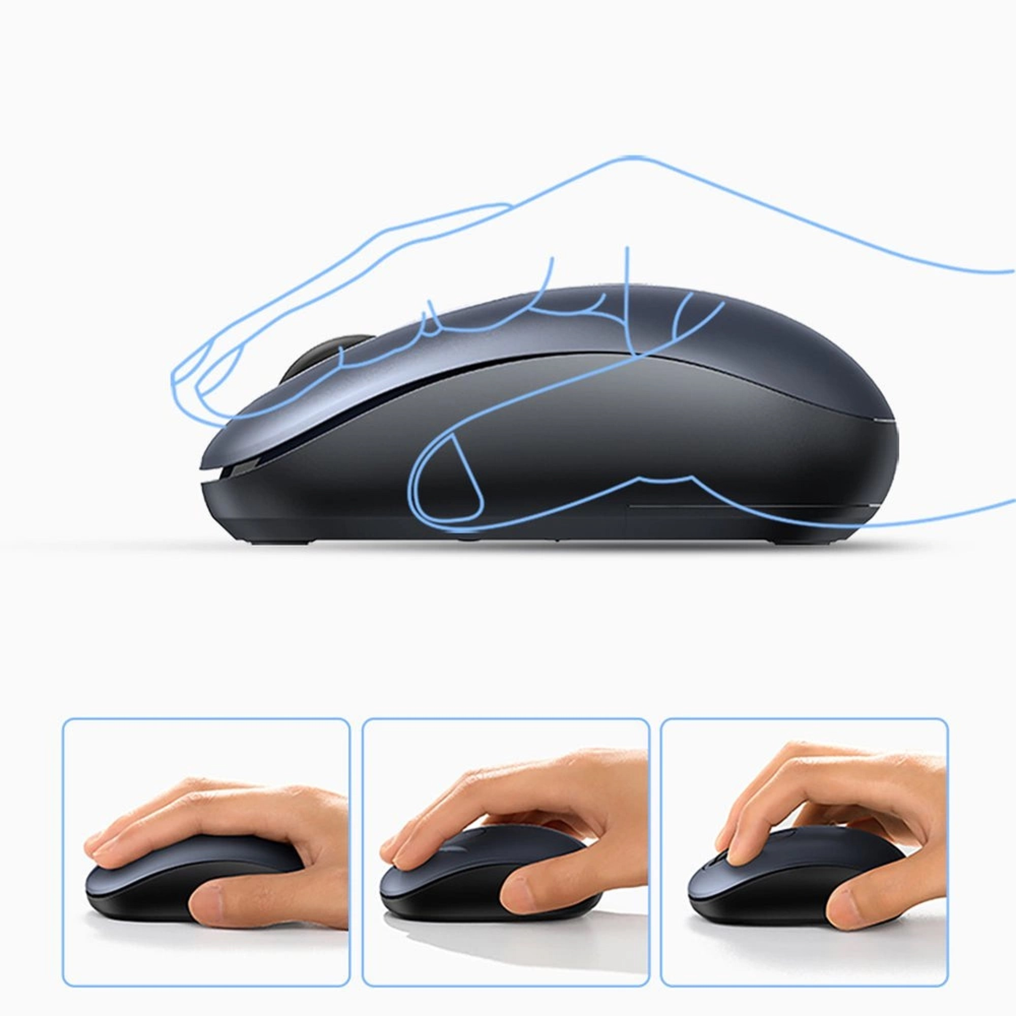 Eine dunkelgraue Computermaus. Im unteren Teil des Bildes sind drei verschiedene Handpositionen gezeigt.