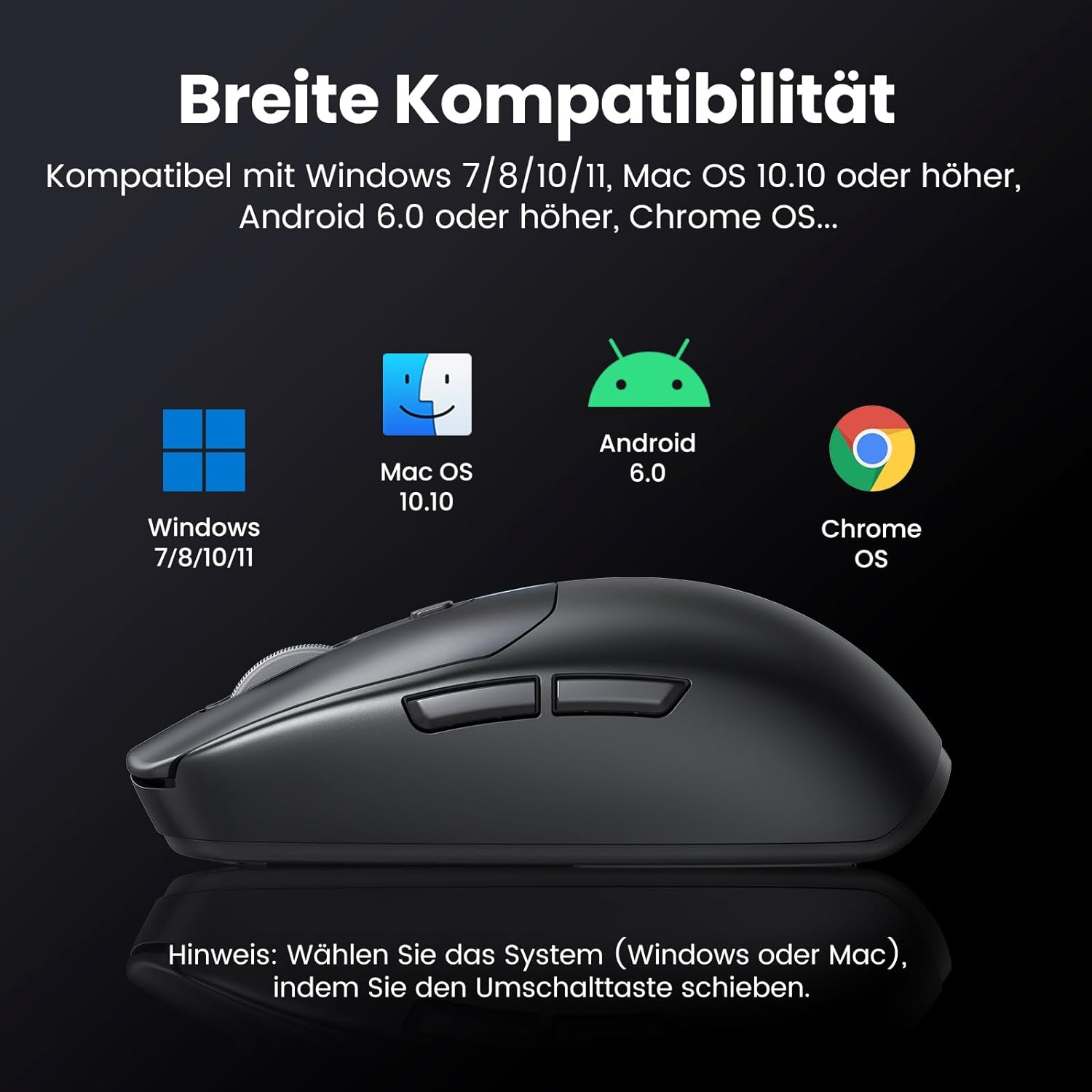 Eine schwarze kabellose Maus mit schwarzem Hintergrund und Kompatibilitäts-Icons für Windows, Mac, Android, Chrome.