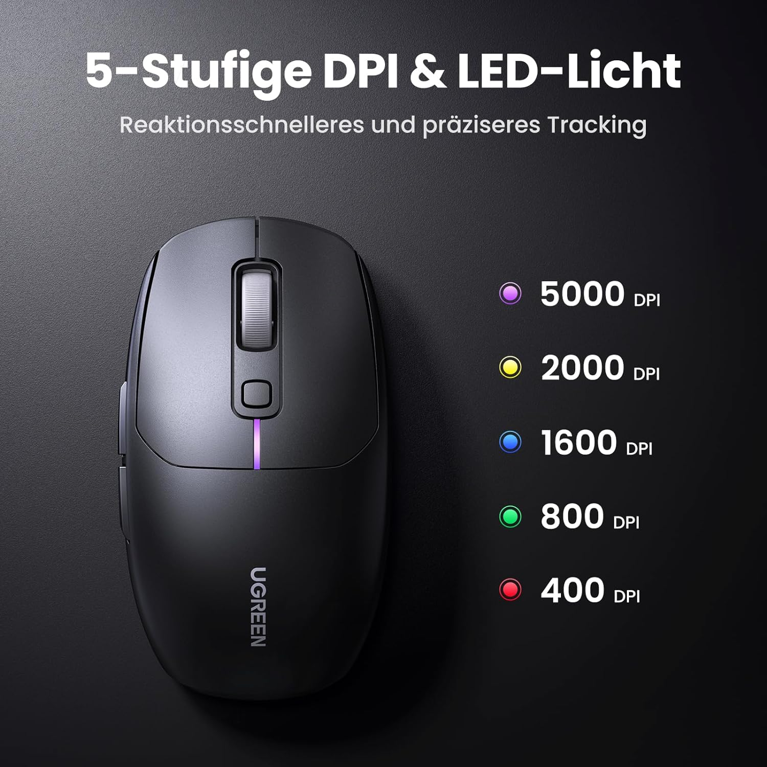 Schwarze Maus mit DPI-Einstellungen. Farblich markierte DPI-Stufen. Marke ist UGREEN.