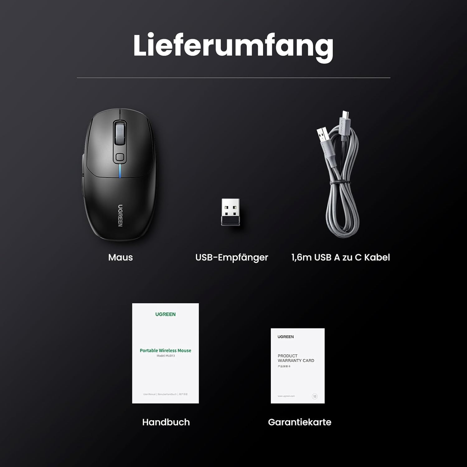 Enthaltene Artikel: Maus, USB-Empfänger, USB-A-auf-C-Kabel, Handbuch und Garantiekarte, auf schwarzem Grund.
