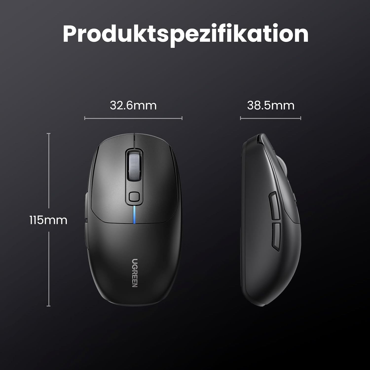 Schwarze kabellose Maus. Maße: 115 mm, 32,6 mm und 38,5 mm. Text: Produktspezifikation. Ein UGREEN-Logo ist sichtbar.
