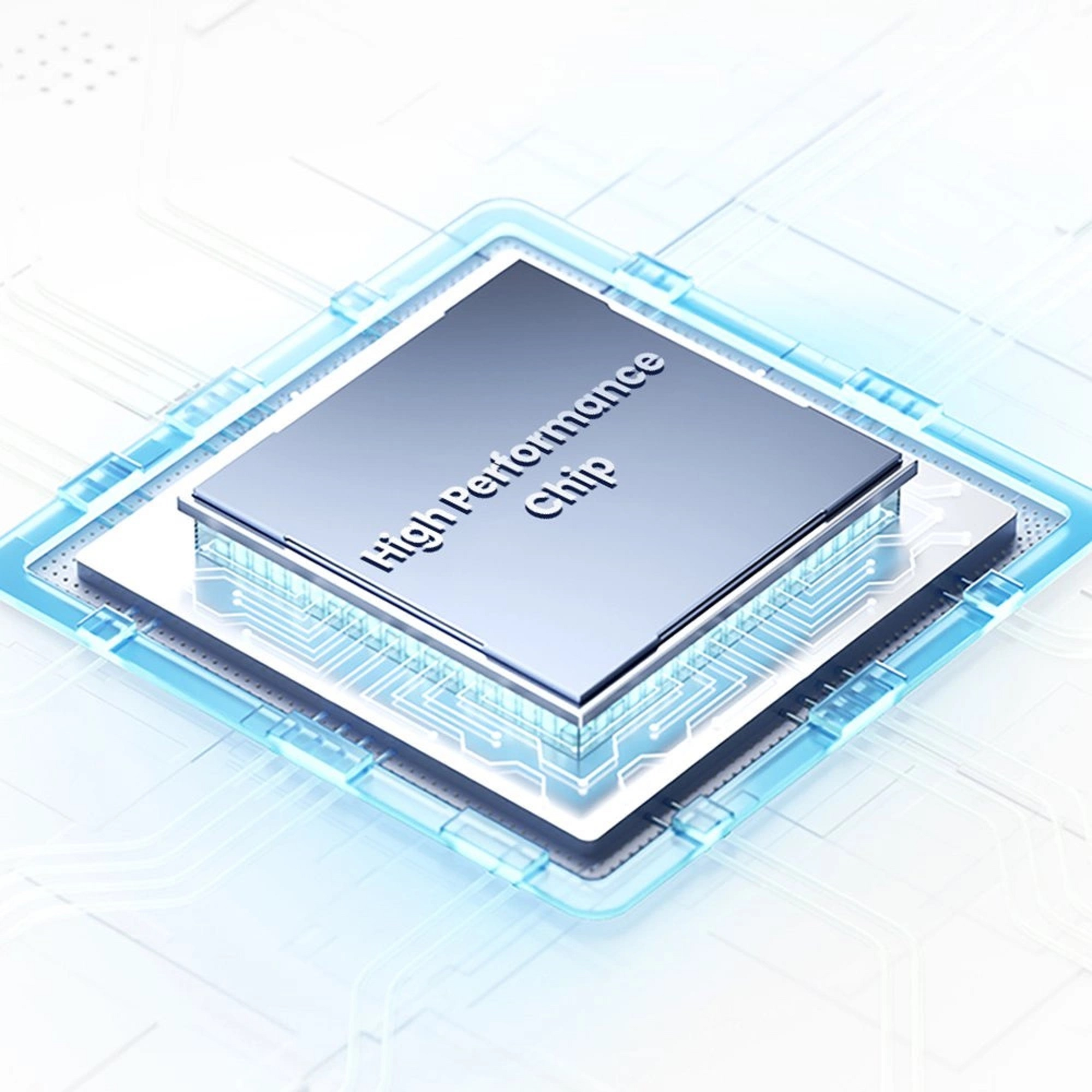 Ein Hochleistungs-Chip mit Text 'High Performance Chip' auf einem blauen Leiterplattendesign.
