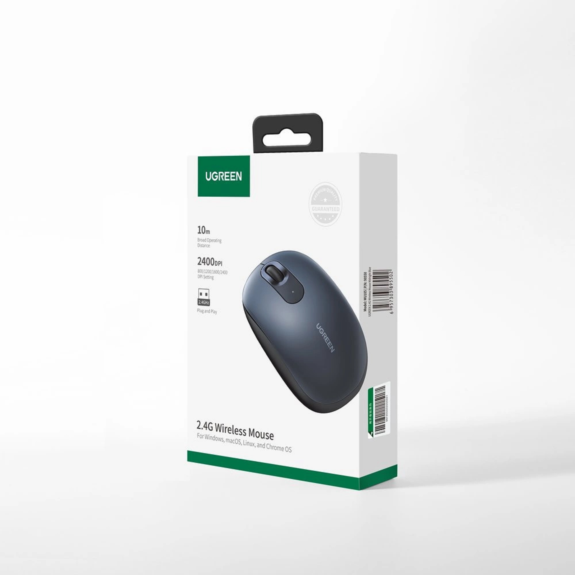 Weiße und graue Box mit einer schwarzen drahtlosen Maus. Die Box trägt die Marke UGREEN und Produktdetails.