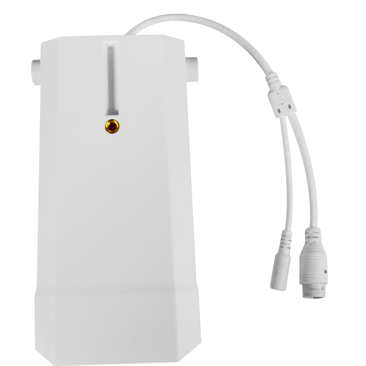 Un dispositivo blanco con dos cables conectados. El dispositivo tiene un botón dorado.