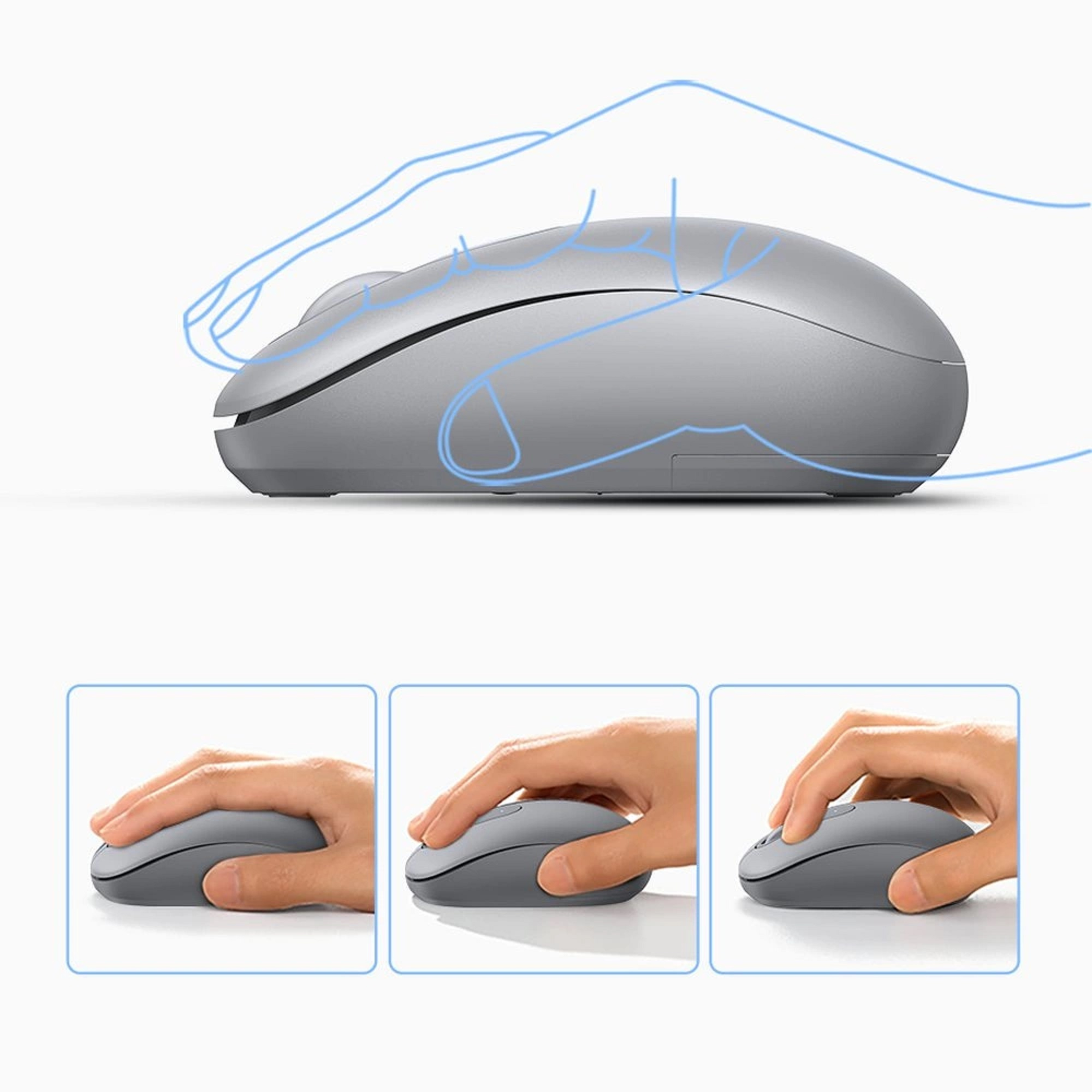 Eine graue Computermaus mit geschwungenem Design. Drei Hände zeigen die Nutzung der Maus mit verschiedenen Griffen.