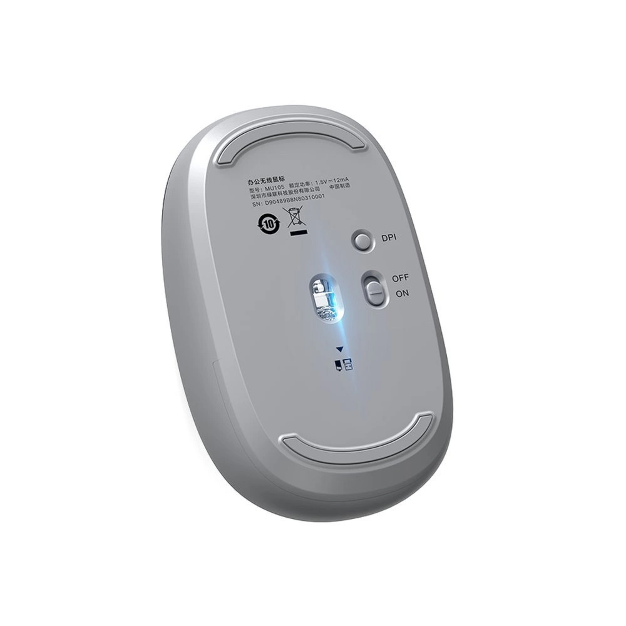 Graue Maus mit sichtbarer Unterseite. Zeigt DPI, Ein/Aus-Schalter und eine Batterieanzeige.