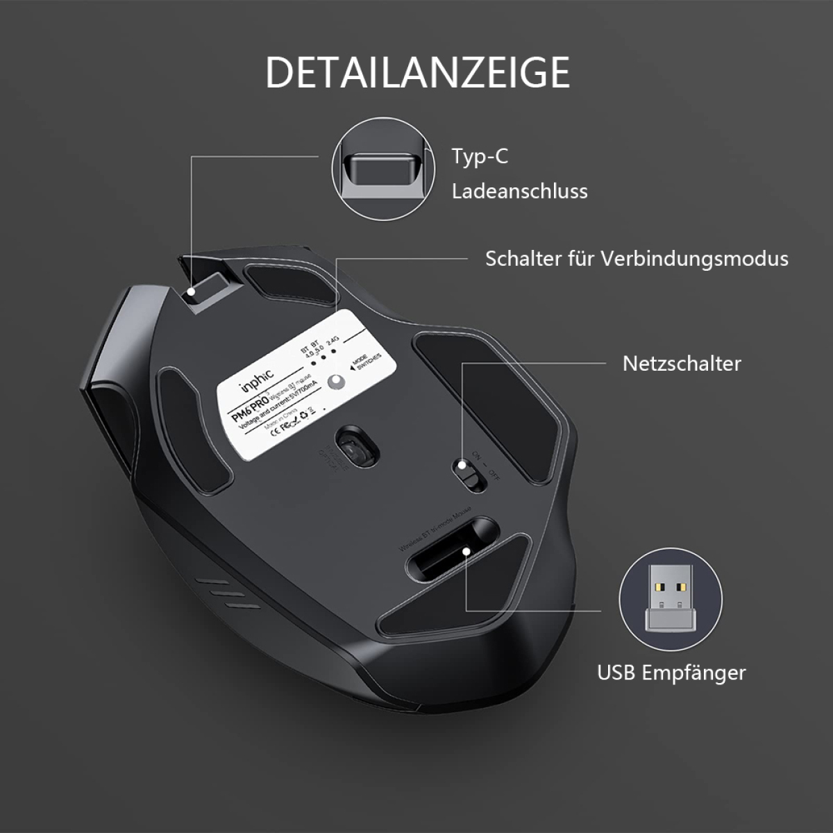 Unteransicht einer Gaming-Maus mit USB-Empfänger und anderen Funktionen.