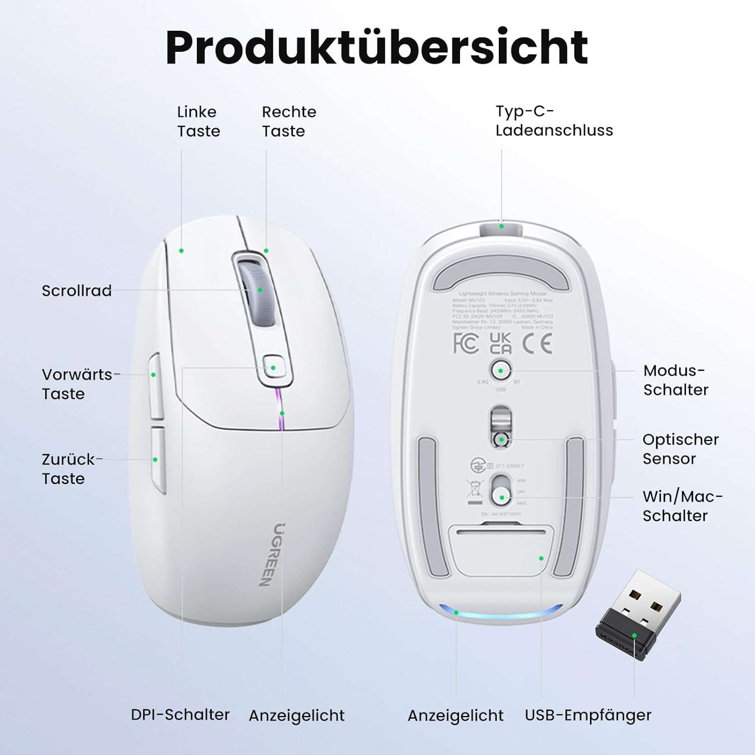 Eine weiße UGREEN-Maus mit Beschriftungen. Die Maus wird von oben und unten gezeigt.