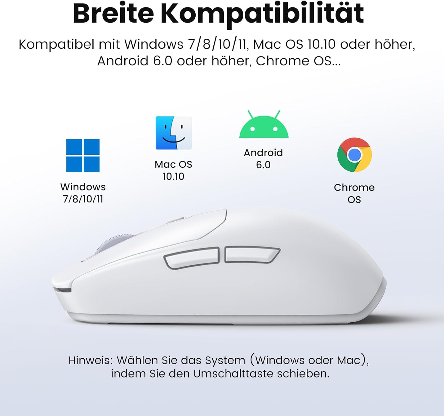 Weiße Maus mit Symbolen für Windows, Mac OS, Android und Chrome OS. Text: Breite Kompatibilität. Anleitung: System auswählen.
