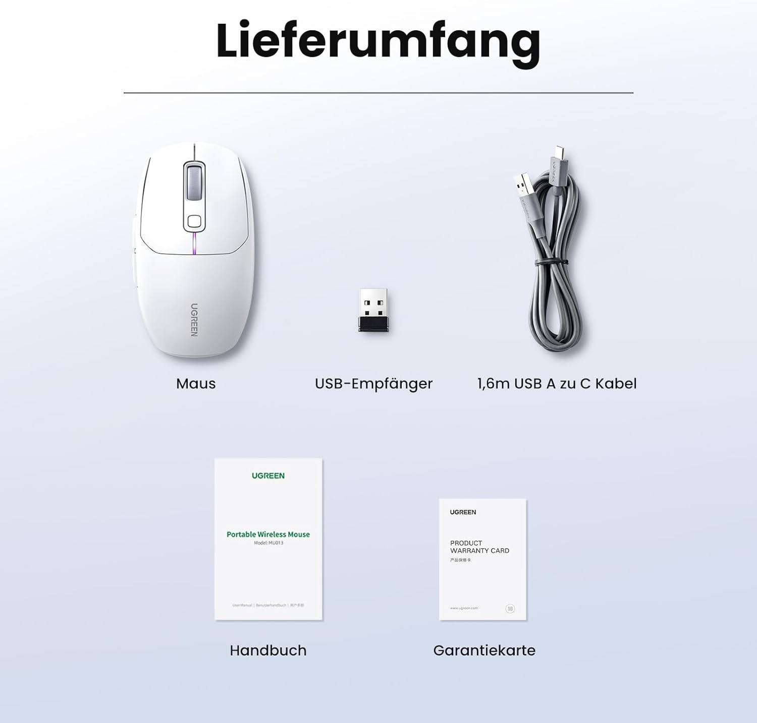 Eine weiße kabellose Maus mit Zubehör: einem USB-Empfänger, einem Ladekabel und Dokumenten.