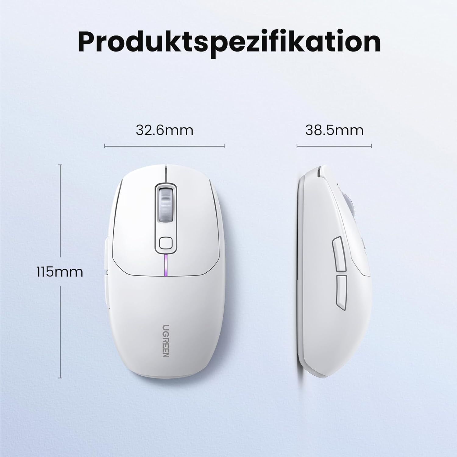 Weiße UGREEN Maus mit Abmessungen und Produktspezifikationen.