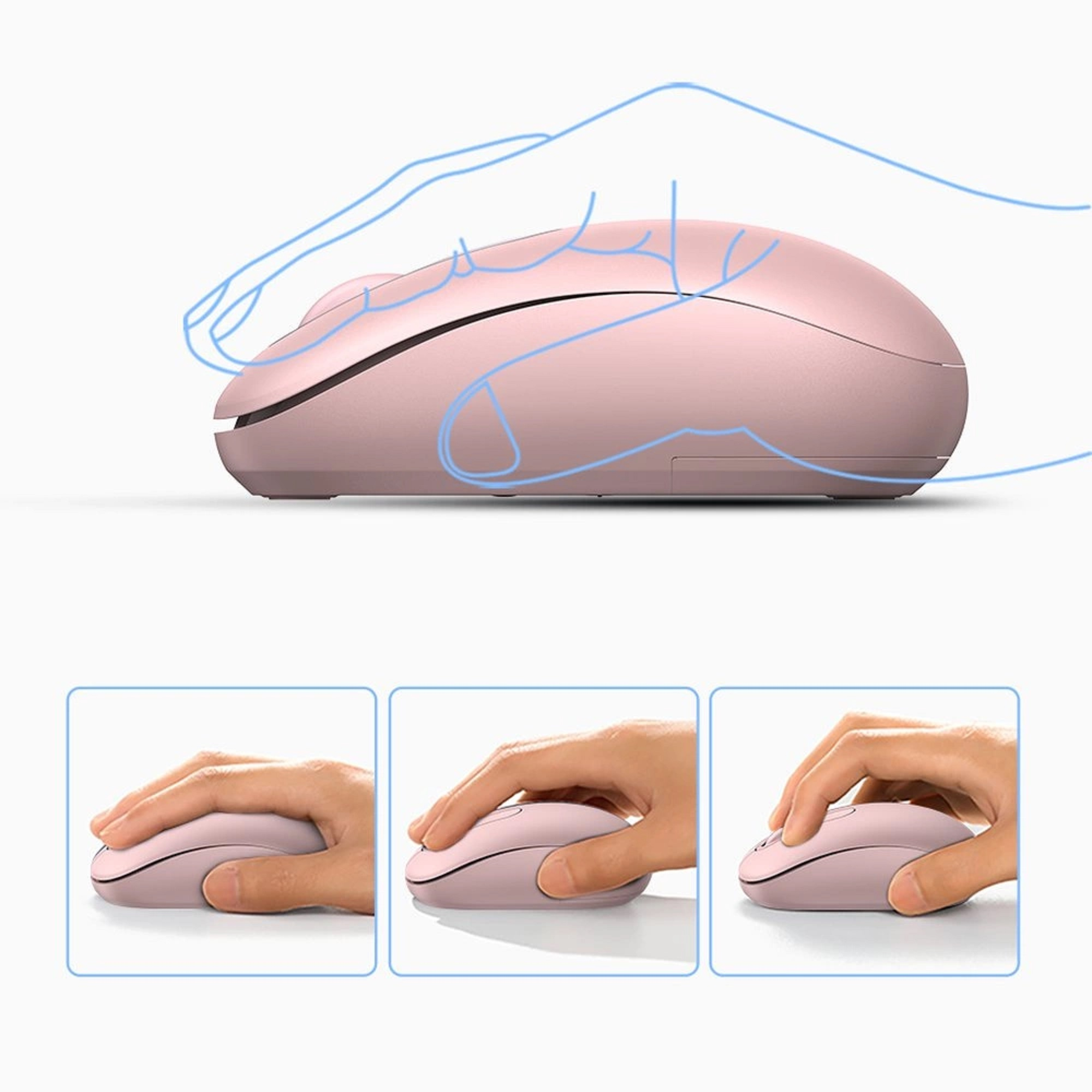 Eine rosa kabellose Maus mit drei verschiedenen Handpositionen und einer blauen Umrisszeichnung einer Hand, die darüber schwebt.